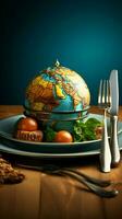 A blue background complements a plate featuring a globe and a fork Vertical Mobile Wallpaper AI Generated photo