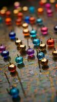Colorful pins up close, adorning geographical maps for reference and navigation Vertical Mobile Wallpaper AI Generated photo