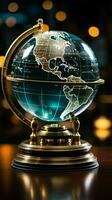 Crystal globe integrated with real time stock data, a symbol of global finance Vertical Mobile Wallpaper AI Generated photo