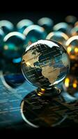 Detailed close up featuring a glass globe and financial report Vertical Mobile Wallpaper AI Generated photo