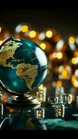 Detailed close up featuring a glass globe and financial report Vertical Mobile Wallpaper AI Generated photo