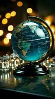 Detailed close up featuring a glass globe and financial report Vertical Mobile Wallpaper AI Generated photo