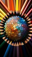 Diverse hues of color pencils encircle a vibrant and colorful globe Vertical Mobile Wallpaper AI Generated photo