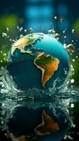 Earth emerges as a globe within transparent water, accented by graceful splashes Vertical Mobile Wallpaper AI Generated photo