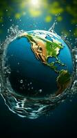 Earth emerges as a globe within transparent water, accented by graceful splashes Vertical Mobile Wallpaper AI Generated photo