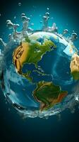 Earth takes form as a globe with transparent water and dynamic splashes Vertical Mobile Wallpaper AI Generated photo