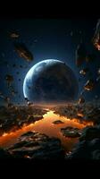 Earths catastrophic 3D scenario Cracked ground, spaceships escaping to new worlds Vertical Mobile Wallpaper AI Generated photo