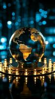 Financial data intersects with a crystal globe, embodying global economic connectivity Vertical Mobile Wallpaper AI Generated photo
