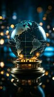 Financial data intersects with a crystal globe, embodying global economic connectivity Vertical Mobile Wallpaper AI Generated photo