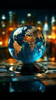 Financial reports and graphs encircle a glass globe in a toned image Vertical Mobile Wallpaper AI Generated photo