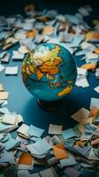 Flat lay view of a globe and paper sheets Vertical Mobile Wallpaper AI Generated photo
