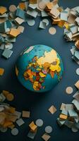 Flat lay view of a globe and paper sheets Vertical Mobile Wallpaper AI Generated photo