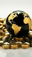 Gleaming gold coins surround a black and gold globe on a white background Vertical Mobile Wallpaper AI Generated photo