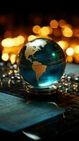 Glass globe set against toned financial reports and intricate graphs Vertical Mobile Wallpaper AI Generated photo