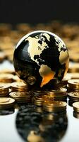 Gleaming gold coins surround a black and gold globe on a white background Vertical Mobile Wallpaper AI Generated photo