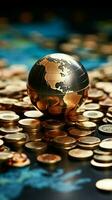 Global business concept Close up of mini world ball on a coin pile Vertical Mobile Wallpaper AI Generated photo