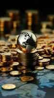 Global finance represented by coins, banknotes, and a globe on statistics Vertical Mobile Wallpaper AI Generated photo