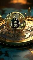 Global map complements the Bitcoin backdrop, signifying its international significance Vertical Mobile Wallpaper AI Generated photo