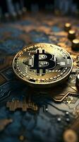 Global map complements the Bitcoin backdrop, signifying its international significance Vertical Mobile Wallpaper AI Generated photo