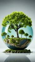 Green Earth and a tree for Earth Day against a white background Vertical Mobile Wallpaper AI Generated photo