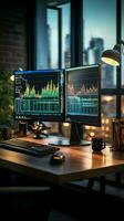 Trading room with glass walls, desk, computer, charts, and stock market concept Vertical Mobile Wallpaper AI Generated photo