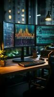 Trading room with glass walls, desk, computer, charts, and stock market concept Vertical Mobile Wallpaper AI Generated photo