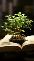 A flourishing green plant grows from the pages of an open book Vertical Mobile Wallpaper AI Generated photo