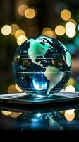 A glass globe on a laptop symbolizes a global business perspective Vertical Mobile Wallpaper AI Generated photo