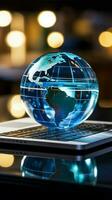 A glass globe on a laptop symbolizes a global business perspective Vertical Mobile Wallpaper AI Generated photo