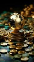 A global financial tableau Coins, bills, and a globe on a statistical backdrop Vertical Mobile Wallpaper AI Generated photo