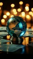 Toned image features a glass globe amid financial reports and graphs Vertical Mobile Wallpaper AI Generated photo