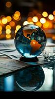 Toned image Glass globe surrounded by financial reports and graphs Vertical Mobile Wallpaper AI Generated photo