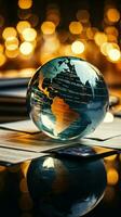 Toned image Glass globe surrounded by financial reports and graphs Vertical Mobile Wallpaper AI Generated photo