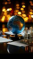 Toned image Glass globe surrounded by financial reports and graphs Vertical Mobile Wallpaper AI Generated photo
