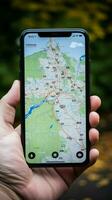 turista mapas de Polonia con un móvil teléfono para navegación y exploración vertical móvil fondo de pantalla ai generado foto