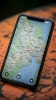 turista mapas de Polonia con un móvil teléfono para navegación y exploración vertical móvil fondo de pantalla ai generado foto