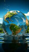 Transparent water molds Earth into a globe, adorned with elegant splashes Vertical Mobile Wallpaper AI Generated photo
