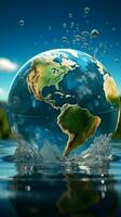 Transparent water molds Earth into a globe, adorned with elegant splashes Vertical Mobile Wallpaper AI Generated photo