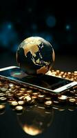 World business concept Smartphone with a stack of gold coins and Earth globe Vertical Mobile Wallpaper AI Generated photo