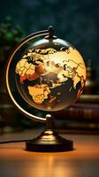 World map provides a backdrop for a small table lamp, copy space Vertical Mobile Wallpaper AI Generated photo