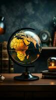 World map provides a backdrop for a small table lamp, copy space Vertical Mobile Wallpaper AI Generated photo
