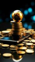 Smartphone, gold coin stack, and Earth globe symbolize global business opportunities Vertical Mobile Wallpaper AI Generated photo