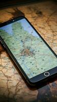 Navigation in Poland A mobile phone resting on tourist maps Vertical Mobile Wallpaper AI Generated photo