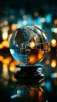 Toned glass globe with a backdrop of financial reports and graphs Vertical Mobile Wallpaper AI Generated photo