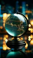 Toned glass globe with a backdrop of financial reports and graphs Vertical Mobile Wallpaper AI Generated photo