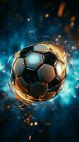 Abstract competition backdrop Soccer ball graphic on a digitally designed illuminated ground Vertical Mobile Wallpaper AI Generated photo