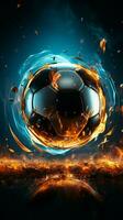 Abstract competition backdrop Soccer ball graphic on a digitally designed illuminated ground Vertical Mobile Wallpaper AI Generated photo