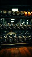 An array of dumbbells in precise rows, essential equipment in any gym Vertical Mobile Wallpaper AI Generated photo