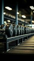 un formación de pesas en preciso filas, esencial equipo en ninguna gimnasio vertical móvil fondo de pantalla ai generado foto