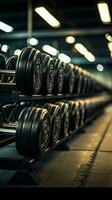 An array of dumbbells in precise rows, essential equipment in any gym Vertical Mobile Wallpaper AI Generated photo